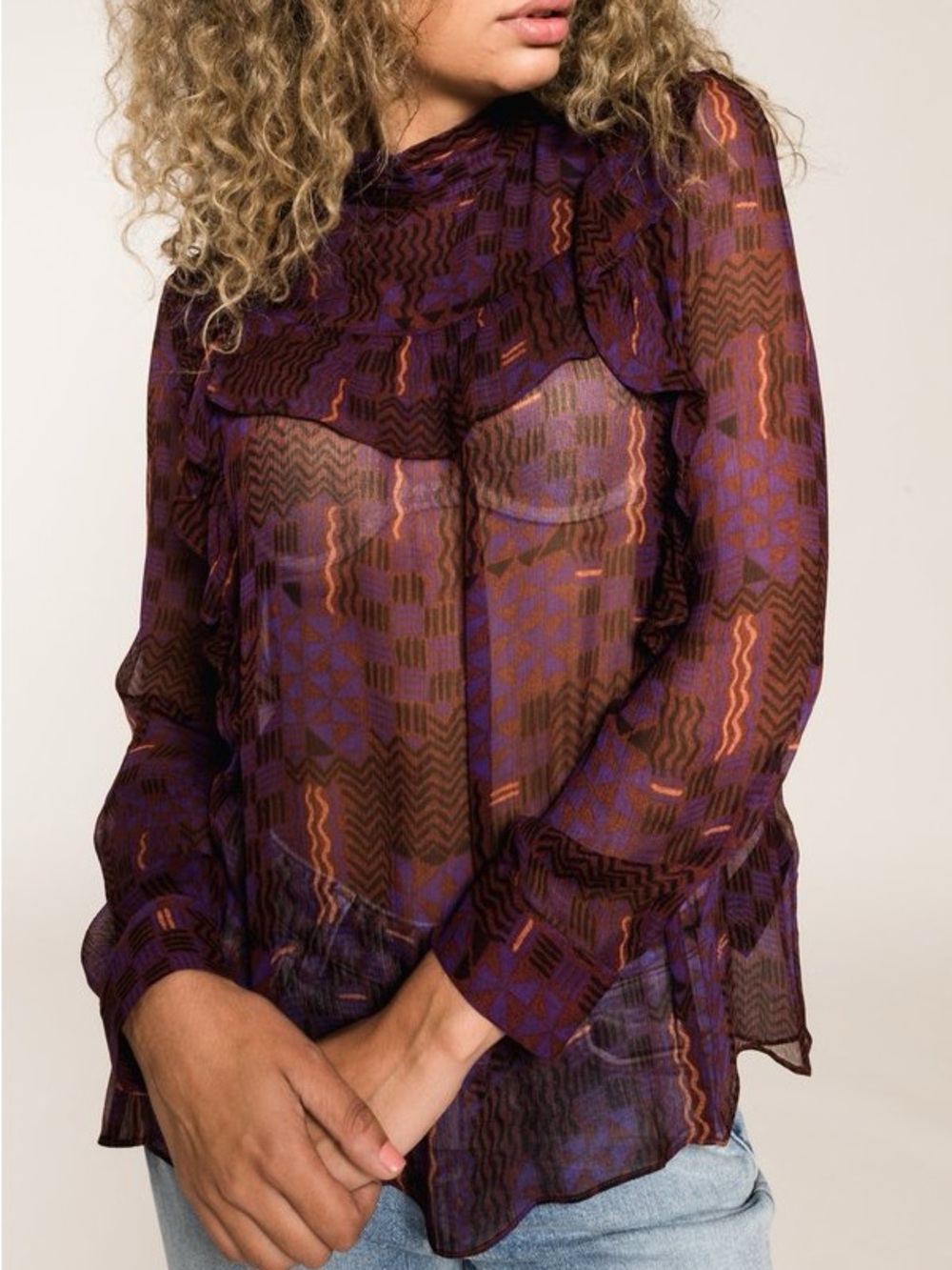 ba&sh Mia Sheer Geometric Ruffle Blouse Mock Neck Purple Burgundy - Size XS